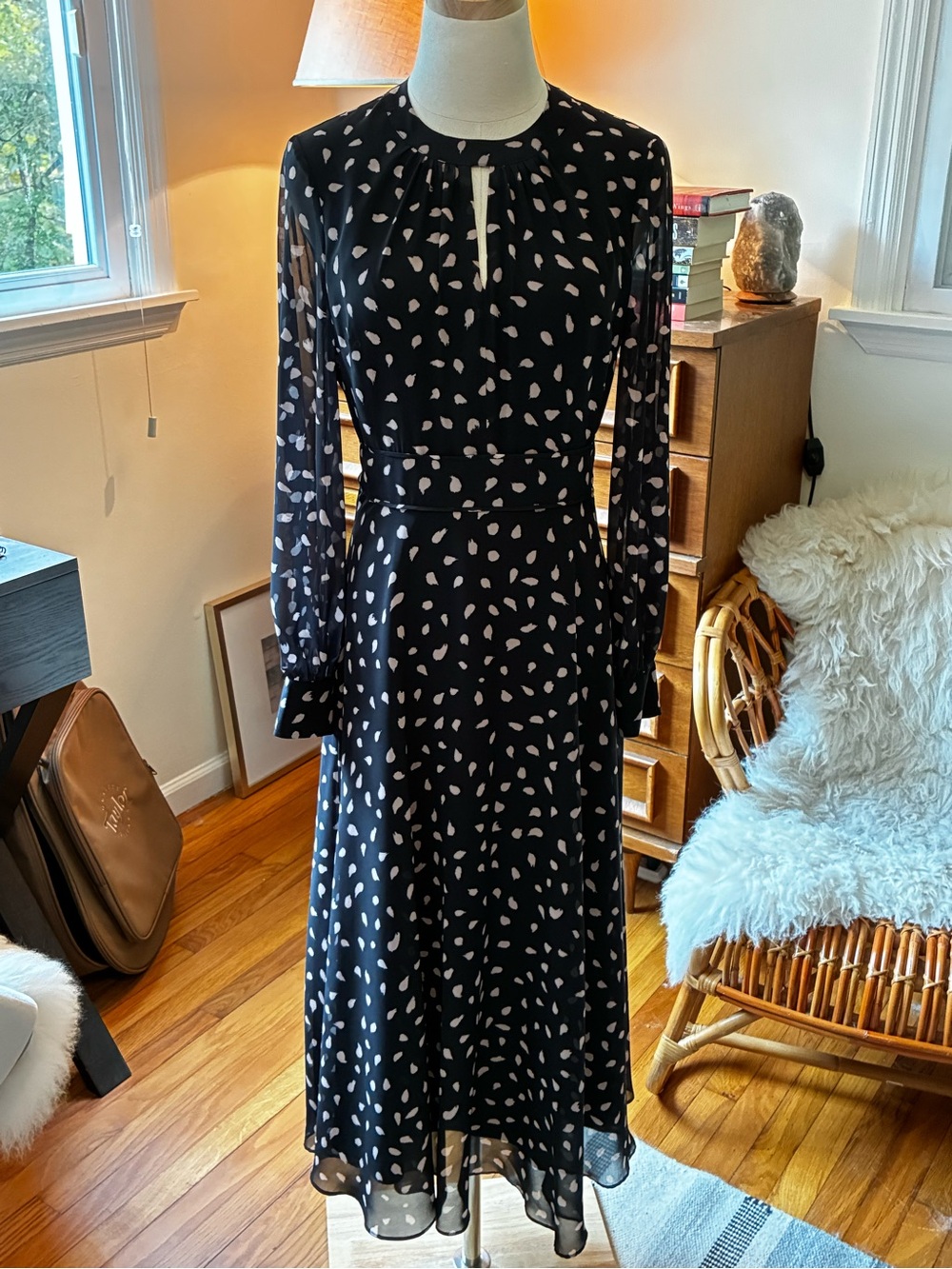 Hobbs London Printed Midi Dress Black White US 6 UK 10